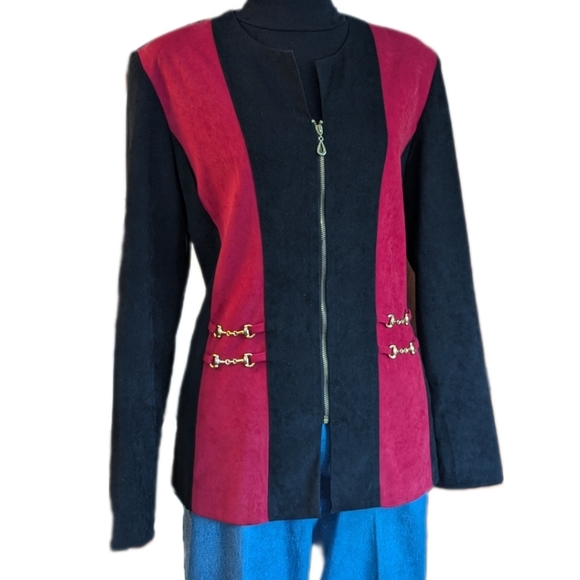 Vintage 90s Black and Bold Red Blazer Structured Gold Details - Picture 2 of 6